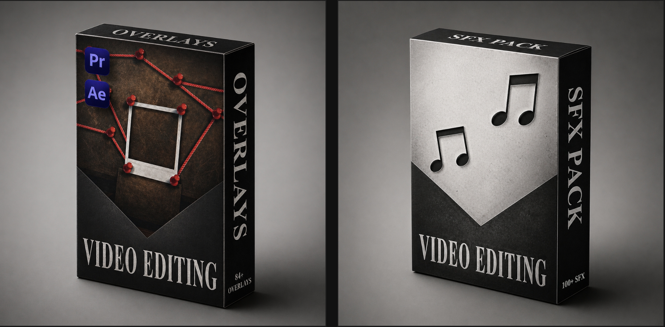 The Starter Bundle: the Untold_Overlays and Untold_SFX packs, photographed side by side as boxed sets.